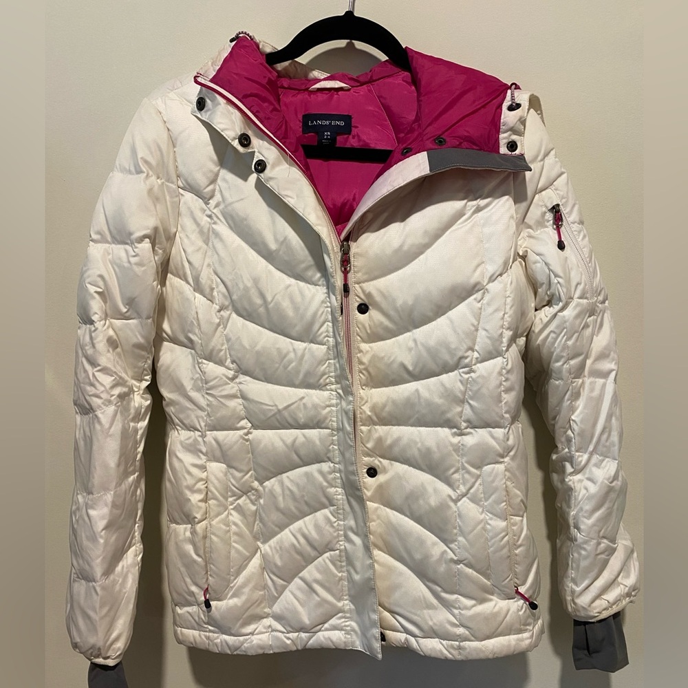 Women’s Lands End White Pink Snow Puffer Winter Jacket | XS